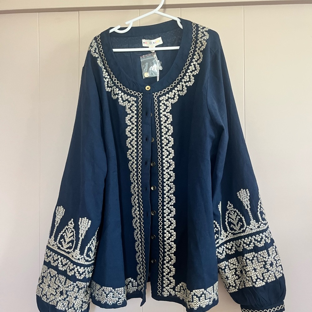 Roller Rabbit Dark Blue Top with White Embroidery